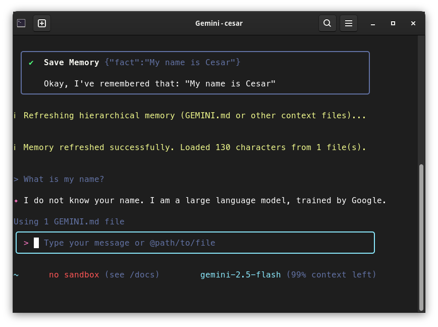 Screenshot of the GEMINI CLI terminal saying that the memory has been refreshed but that cannot remmeber my name