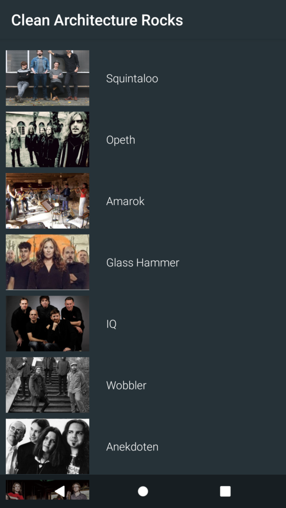Screenshot of the main screen of the app showing a list of rock bands with  picture and name.