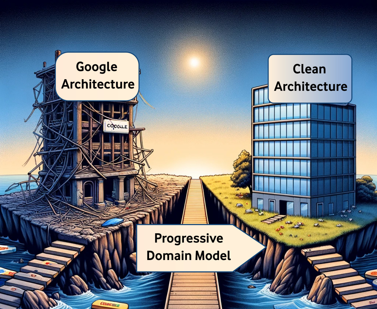 image of one-way bridge that crosses from left to right, prominently labeled "Progressive Domain Model" in bold. The bridge connects island one with island two. At the left, island one has an old-fashioned, crumbling building, clearly labeled as "Google Architecture". At the right, island two is a modern, nicely placed and solid building clearly labeled as "Clean Architecture".