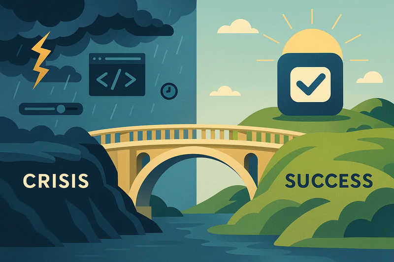 A stylized digital illustration split into two halves by a sturdy arched bridge. On the left side, labeled "CRISIS," a stormy, chaotic landscape features dark clouds, rain, lightning, and scattered tech icons such as broken code and a paused timeline. On the right side, labeled "SUCCESS," a calm, sunny landscape shows rolling green hills and a large mobile app icon with a checkmark, symbolizing achievement. The bridge, painted in gold tones, spans a river connecting the turbulent scene to the serene one, representing the transition from crisis to success.