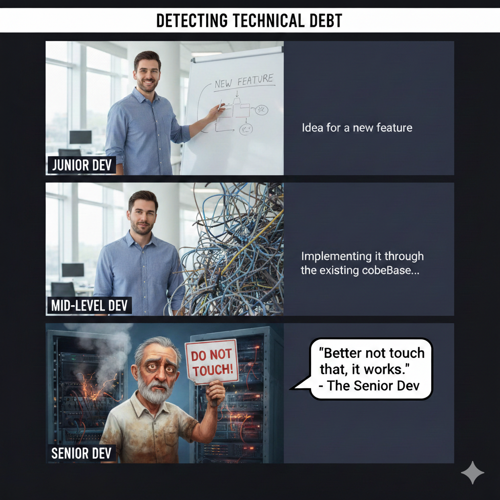 A comparative meme divided into three levels about technical debt. Top: A smiling Junior Dev standing in front of a clean whiteboard with a new feature idea. Middle: An overwhelmed Mid-level Dev next to a chaotic tangled mess of cables representing the current codebase. Bottom: An exhausted-looking Senior Dev in front of smoking servers, holding a 'Do Not Touch' sign, with a speech bubble that says: 'Better not touch that… it works.'